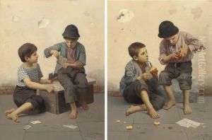 Boys Peeling Oranges; And Boys Playing Cards by Giulio Del Torre