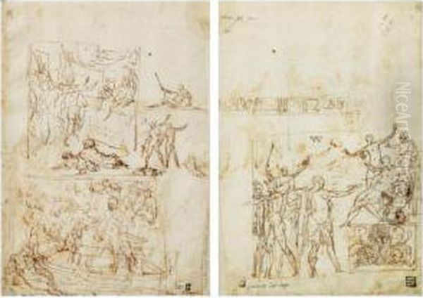 Recto: Etudes Pour Une 
Decoration Murale Avec Deux Compositions Differentes: Trois Soldats En 
Face D'une Figure Assise Et Deux Hommes Dans Un Bateau, Et Plusieurs 
Autres Esquisses;
 Verso: Etude Pour Une Figure Offrant Une Tasse A Un Personnage Ass - view 1