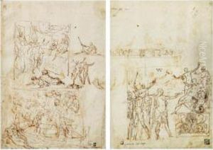 Recto: Etudes Pour Une
Decoration Murale Avec Deux Compositions Differentes: Trois Soldats En
Face D'une Figure Assise Et Deux Hommes Dans Un Bateau, Et Plusieurs
Autres Esquisses;
Verso: Etude Pour Une Figure Offrant Une Tasse A Un Personnage Ass by Perino Del Vaga (Pietro Bonaccors
