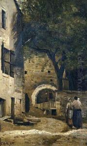 A village scene by Jean-Baptiste-Camille Corot