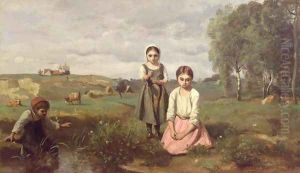 Children beside a brook in the countryside, Lormes by Jean-Baptiste-Camille Corot