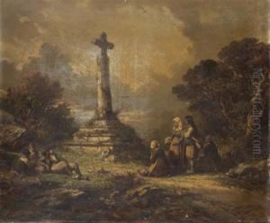 Bretons Priant Devant Un Calvaire by Auguste Delacroix