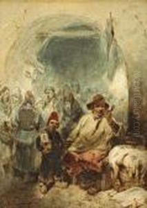 A Street Scene With A Seated Man Smoking Apipe And A Small Boy By His Side by Auguste Delacroix