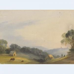 Figures And Cattle In The Hills by Auguste Delacroix