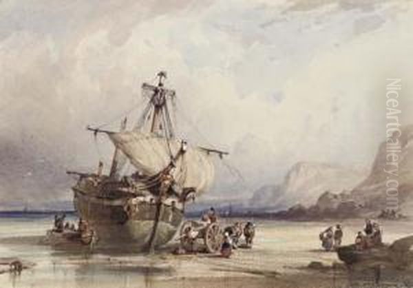 Figures Dismantling A Beached Ship On A Rocky Shore - view 1