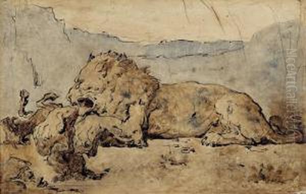 Lion Devorant Une Chevre. - view 1
