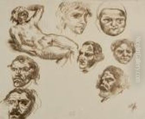Feuille D'etude Avec Quatre Tetes D'hommes Moustachus