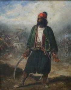 Turkish Swordsman Dressed In Fez
 And Green Jacket, A Curved Sword In His Right Hand, The Battle Raging 
In The Background Behind Him