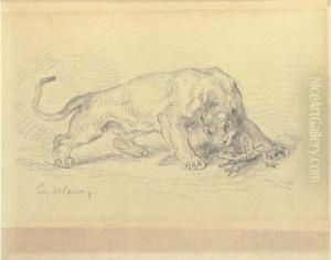 A Lioness Attacking A Crocodile by Eugene Delacroix