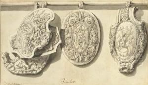 Five Shields Hanging From A Pole by H. Delafosse