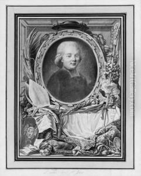 Portrait Of The Abbe De
Saint-farre, In An Ornamental Surround Withemblems Of The Church, The
Arts, Lilies, A Cardinal's Hat And Abook Stamped With The Arms Of Orlean - view 1