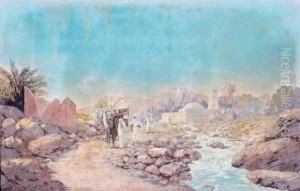 La Caravane Au Bord De L'oued. by Alexis-Auguste Delahogue