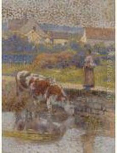 Fermiere Et Ses Vaches A L'abreuvoir