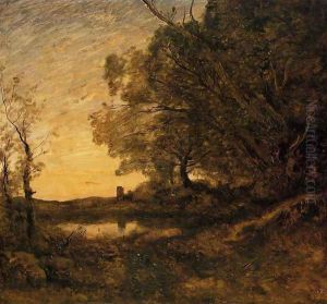 Evening - Distant Tower by Jean-Baptiste-Camille Corot