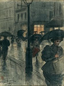 Une Rue De Paris Sous La Pluie La Nuit by Eugene Delatre