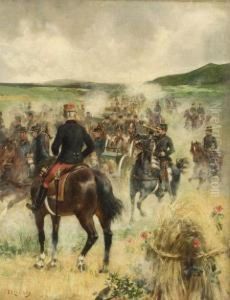 Charging To The Sound Of The Trumpet/a Cavalry Scene by Jules-Elie Delaunay