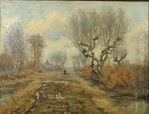 Vrouw In Een Bosgezicht Met Beek En Hoeve. by Leon Delderenne