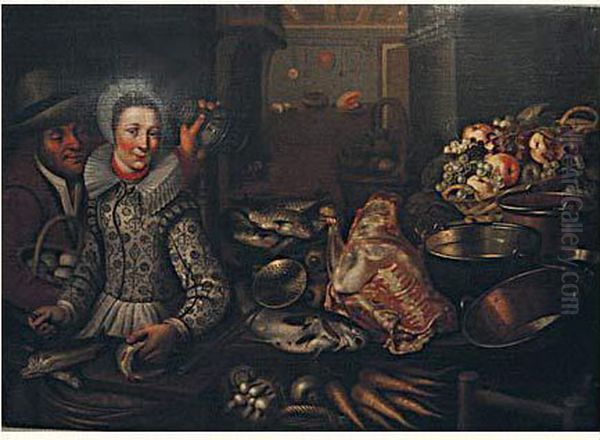 Couple Dans Une Cuisine Avec 
Nature Morte De Fruits, Poissons, Viande, Legumes Et Ustensiles De 
Cuisine - view 1