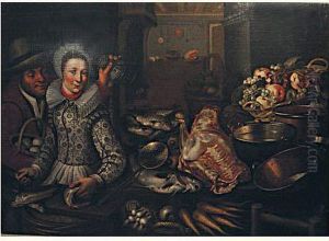 Couple Dans Une Cuisine Avec 
Nature Morte De Fruits, Poissons, Viande, Legumes Et Ustensiles De 
Cuisine by Cornelis Jacobsz Delff