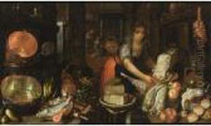 A Kitchen Still Life With Hares,
 Fowl, Bread And Fruit On A Table, Cheeses In A Plate On A Stool, 
Fishes, Cabbages, Other Vegetables And Kitchen Utensils On Another 
Table, A Maid And Holding A Plate With Fowl, And A Couple Sitting Before
 A Firepla by Cornelis Jacobsz Delff
