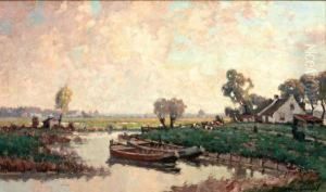 Polderlandschap Met Boerderij Langs Sloot