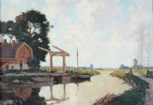 Canal, At The Lefta Farmhouse And A Drawbridge, A Windmill At The Horizon by Gerardus Jacobus Delfgaauw