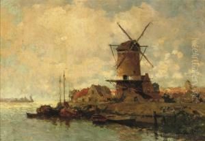 Langs De Merwede: A Windmill On The Bank Of The River Merwede by Gerardus Jacobus Delfgaauw