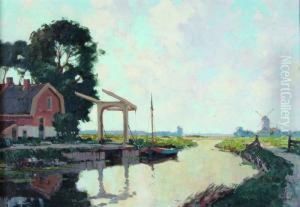 "vaartje Met Linkseen Boerderij En Ophaalbrug by Gerardus Jacobus Delfgaauw