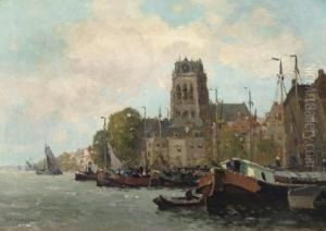 A View Of Dordrecht Harbour With The Grote Kerk