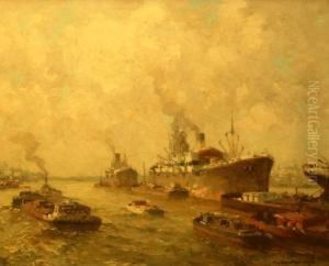Havengezicht. Gesigneerd by Gerardus Jacobus Delfgaauw