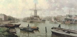 De Distileerketel Molen: A Busy Working Day In Delfshaven, Rotterdam by Gerardus Jacobus Delfgaauw