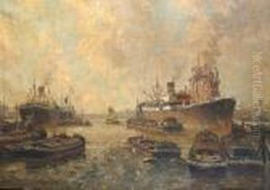 Cargo Ships, Thought To Be At Rotterdam Harbour. by Gerardus Jacobus Delfgaauw