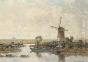 Bij Voorschoten: Windmill In A Polder Landscape by Gerardus Jacobus Delfgaauw