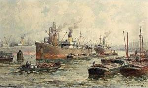 Ships In The Rotterdam Harbour by Gerardus Jacobus Delfgaauw