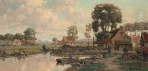 A Dutch Village At Sunset, A Figure On A Boat In The Foreground by Gerardus Jacobus Delfgaauw