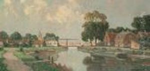 A Dutch Town On A River, A Bridge Beyond by Gerardus Jacobus Delfgaauw