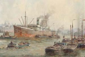 A Cargoship In The Harbour, Rotterdam by Gerardus Jacobus Delfgaauw