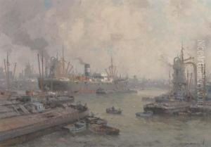 Daily Activities At The Harbour Of Rotterdam by Gerardus Jacobus Delfgaauw