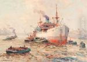 A Cargo-ship In Rotterdam Harbour by Gerardus Jacobus Delfgaauw