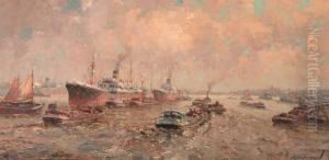 Cargo Ships Unloading Into Barges On The Nieuwe Maas,rotterdam by Gerardus Jacobus Delfgaauw