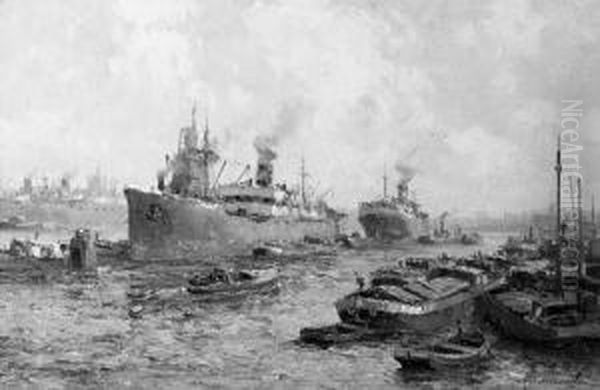 Moored Oceansteamers In A Rotterdam Harbour - view 1