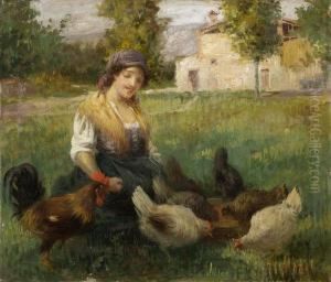 Giovinetta Nell'aia Con Galline