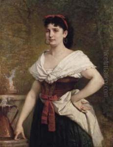 Giovane Donna Romana Alla Fontana by Cesare Felix dell' Acqua