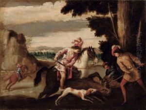 Caccia Al Cinghiale Olio Su Tela