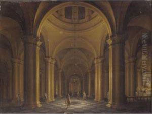 Elegant Figures In A Nocturnal Church Interior