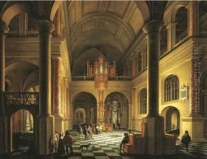 The Interior Of A Protestant Church At Night With Elegant Figures In The Foreground