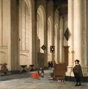 The Interior Of The Grote Kerk, Rotterdam, With Figures And Adog by Anthonie De Lorme