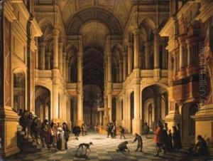 The Interior Of A 
Renaissance-style Church At Night With An Elegantcouple Making An 
Entrance