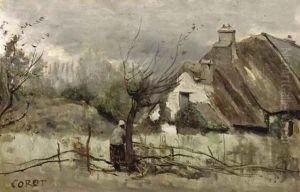 Thatched cottage in Picardie by Jean-Baptiste-Camille Corot
