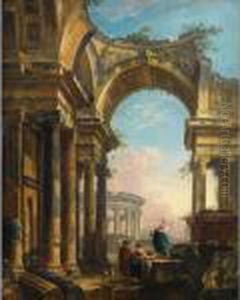 Lavandieres Dans Un Paysage De Ruines Romaines Avec Un Temple Devesta by Pierre-Antoine Demachy